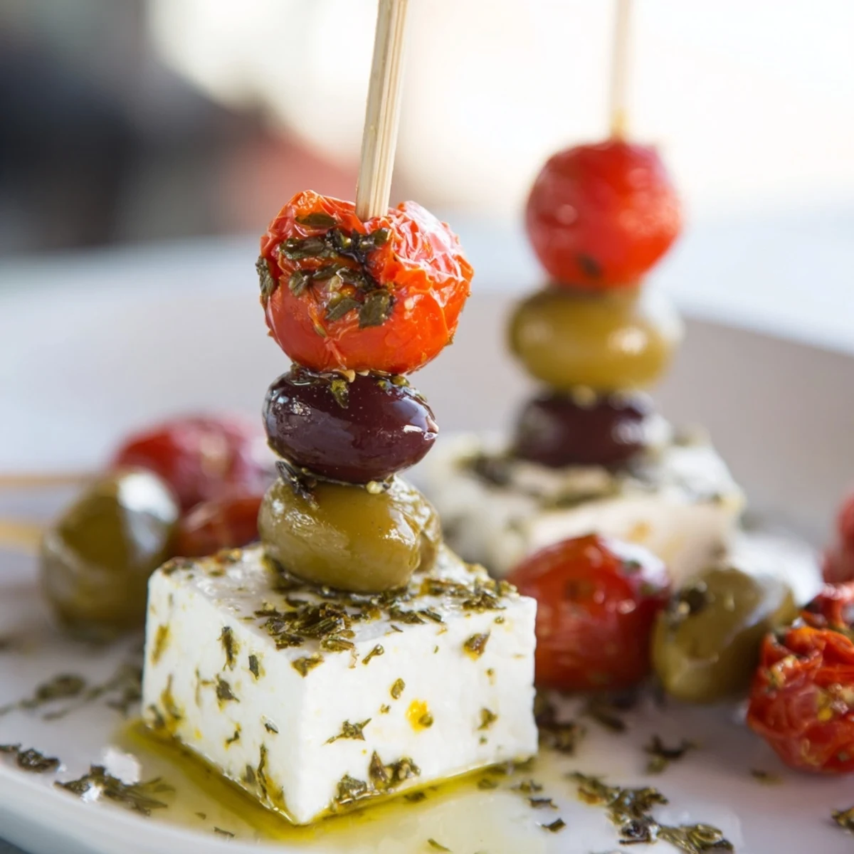 Fresh oregano and vibrant cherry tomatoes adorn these savory Holiday Cheers Olive and Feta Skewers, perfect for parties.