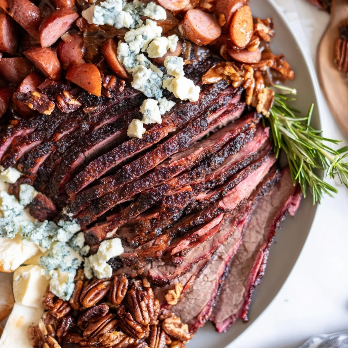 This decadent Smoky BBQ & Bourbon Companion includes a wooden board, grilled meats, and creamy cheeses for serving.