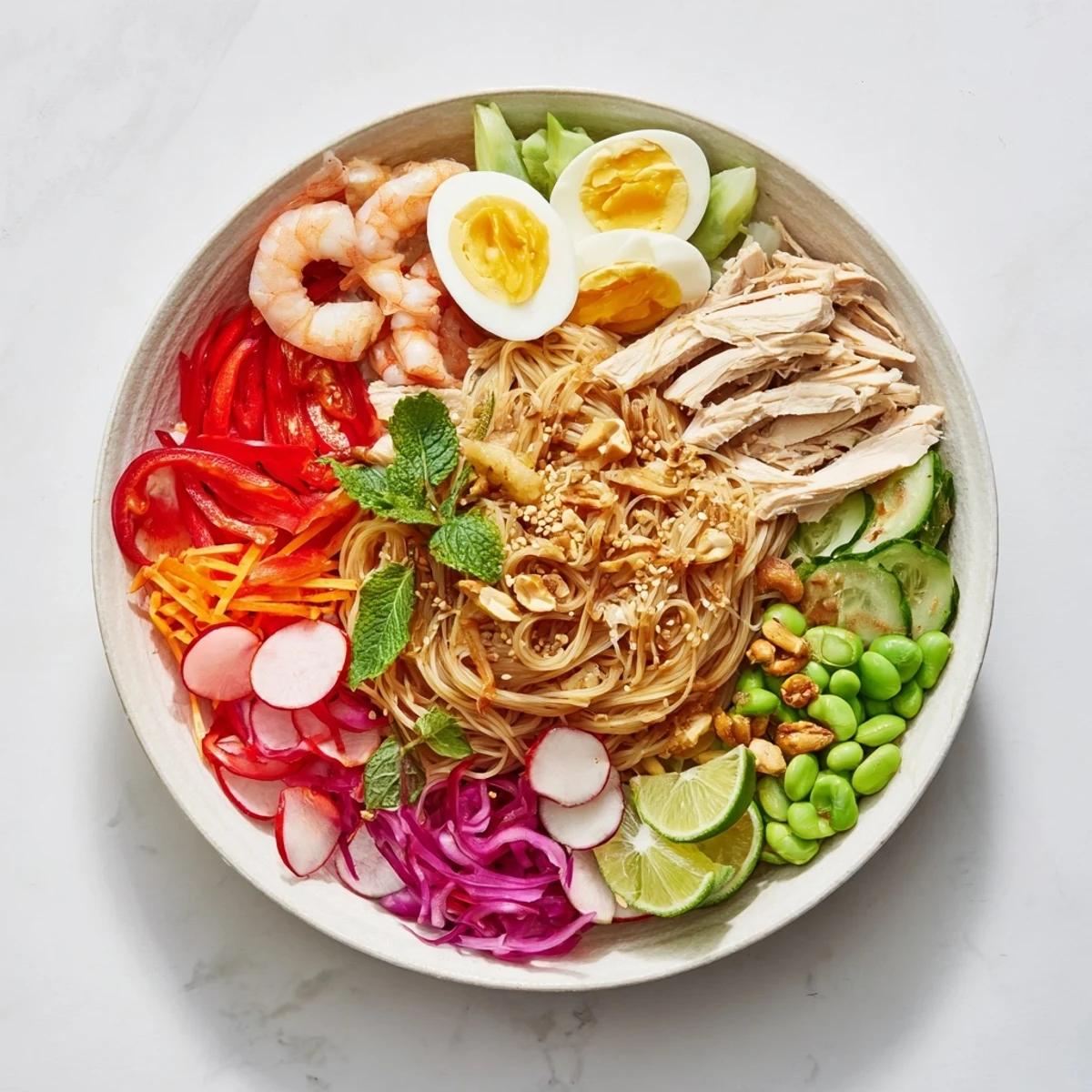 Vibrant Asian Fusion Noodle Bowl Board boasting colorful veggies, noodles, proteins, and dipping sauces ready to savor.