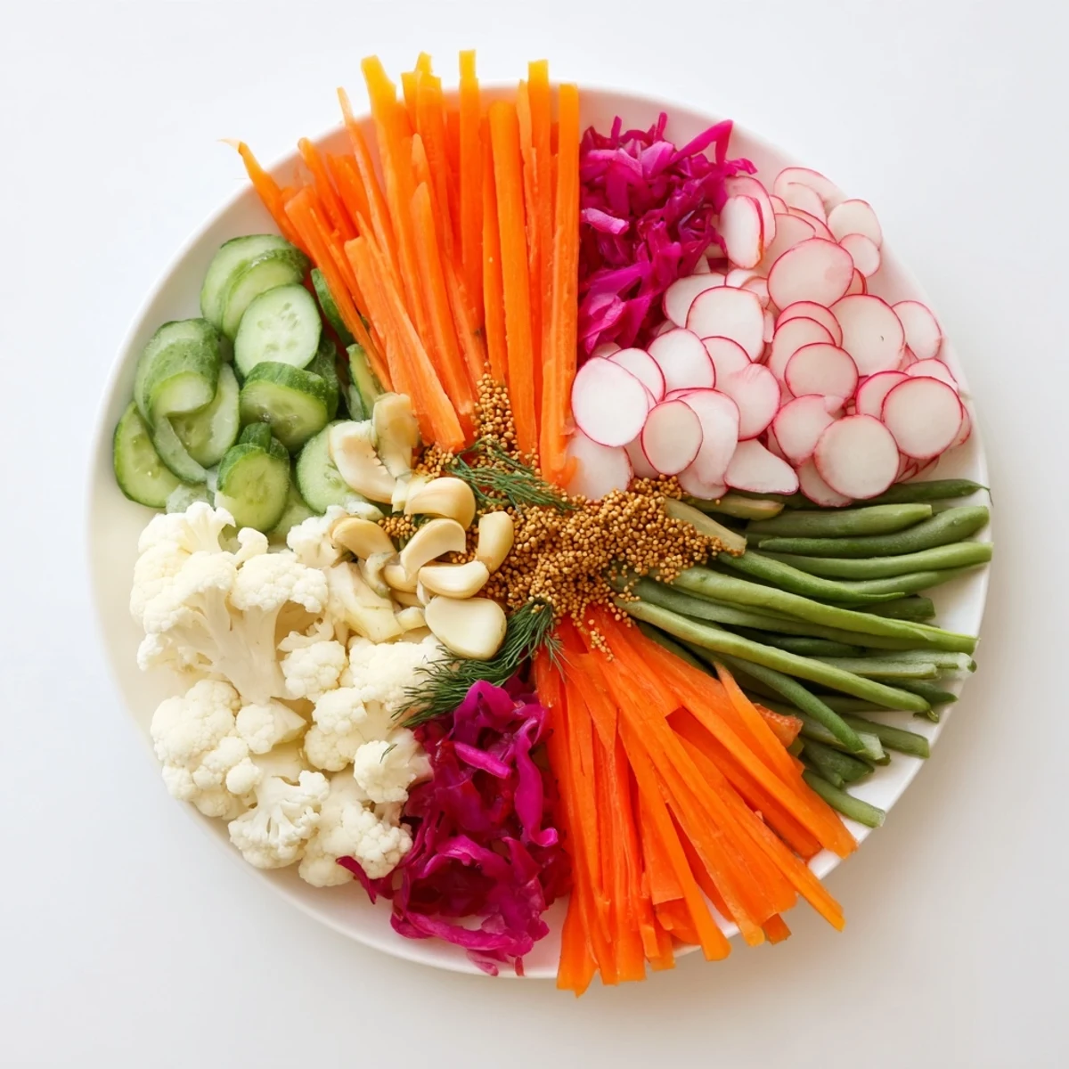 Crisp, colorful pickled vegetables arranged in a vibrant pattern showcasing the The Pickled & Fermented Feast.