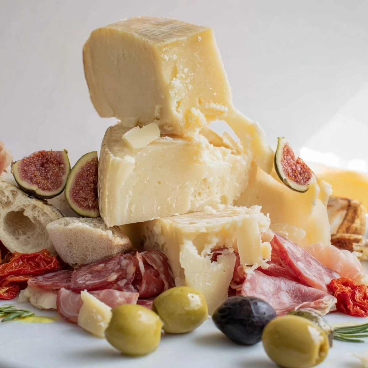 Close-up shot shows a delightful Rustic Italian Farmhouse Board appetizer with olives, bread, and salami.