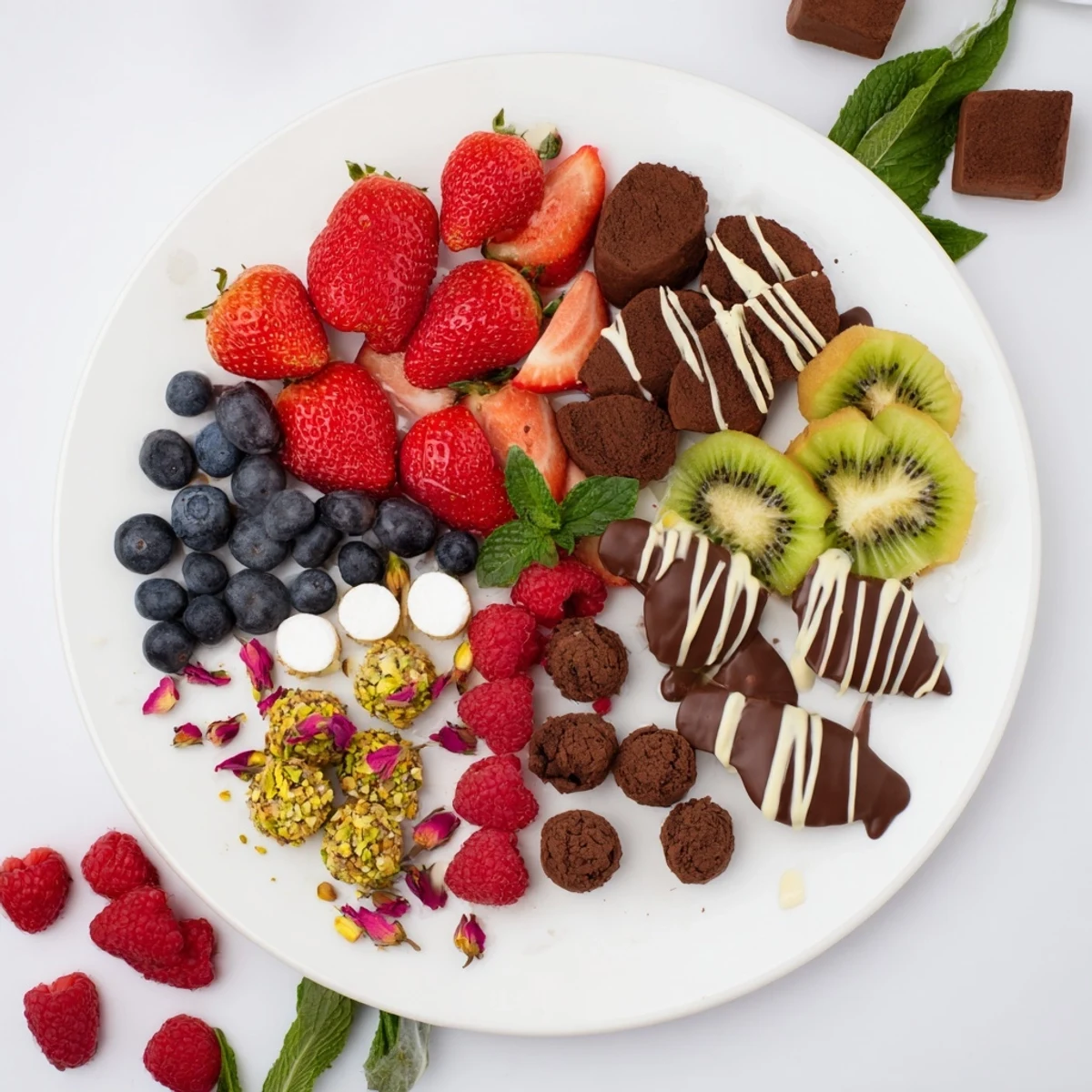 A decadent dessert platter of The Sweet Dessert Decadence, drizzled chocolate and vibrant fruits.