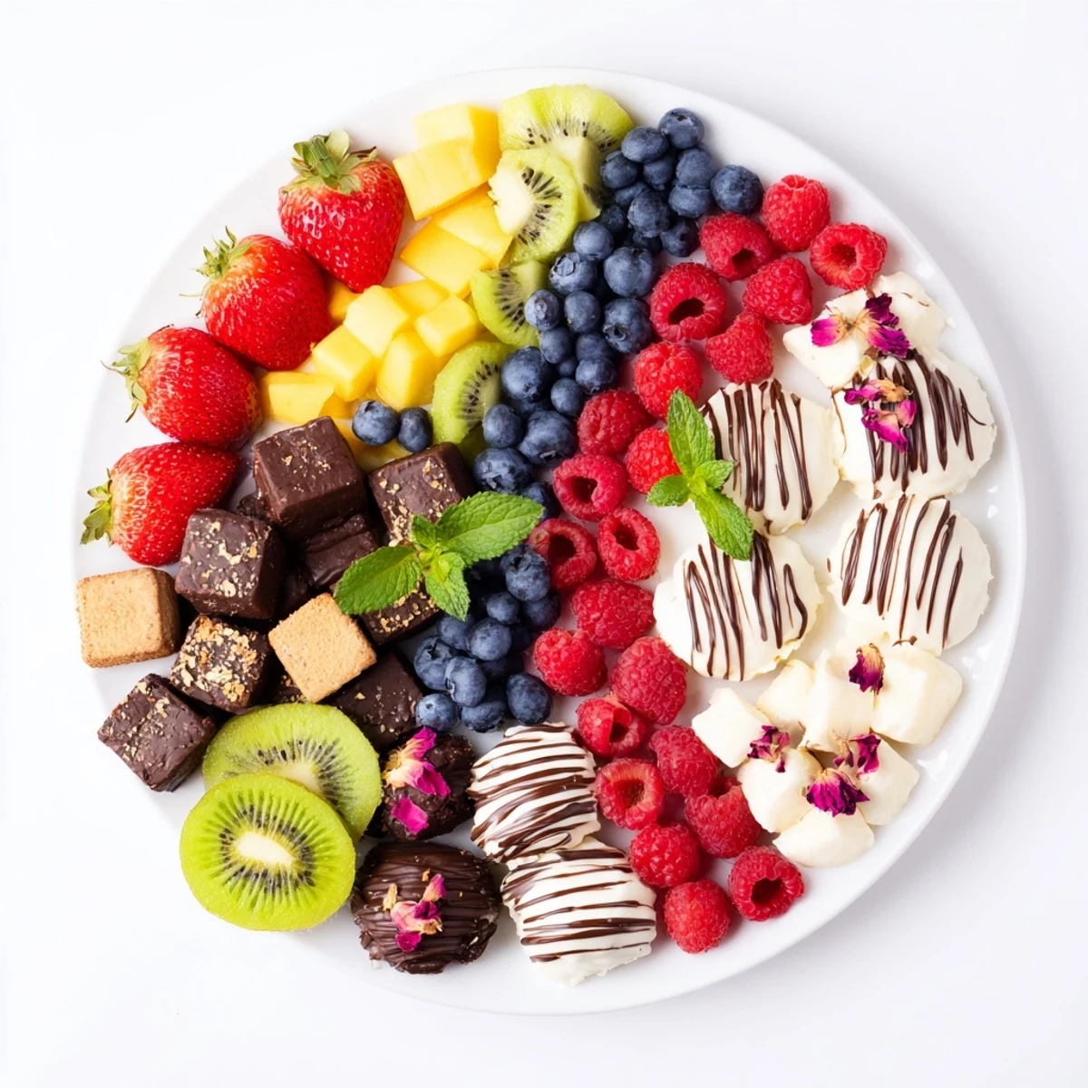 This The Sweet Dessert Decadence showcases an array of chocolates, berries, and cookies on a platter.