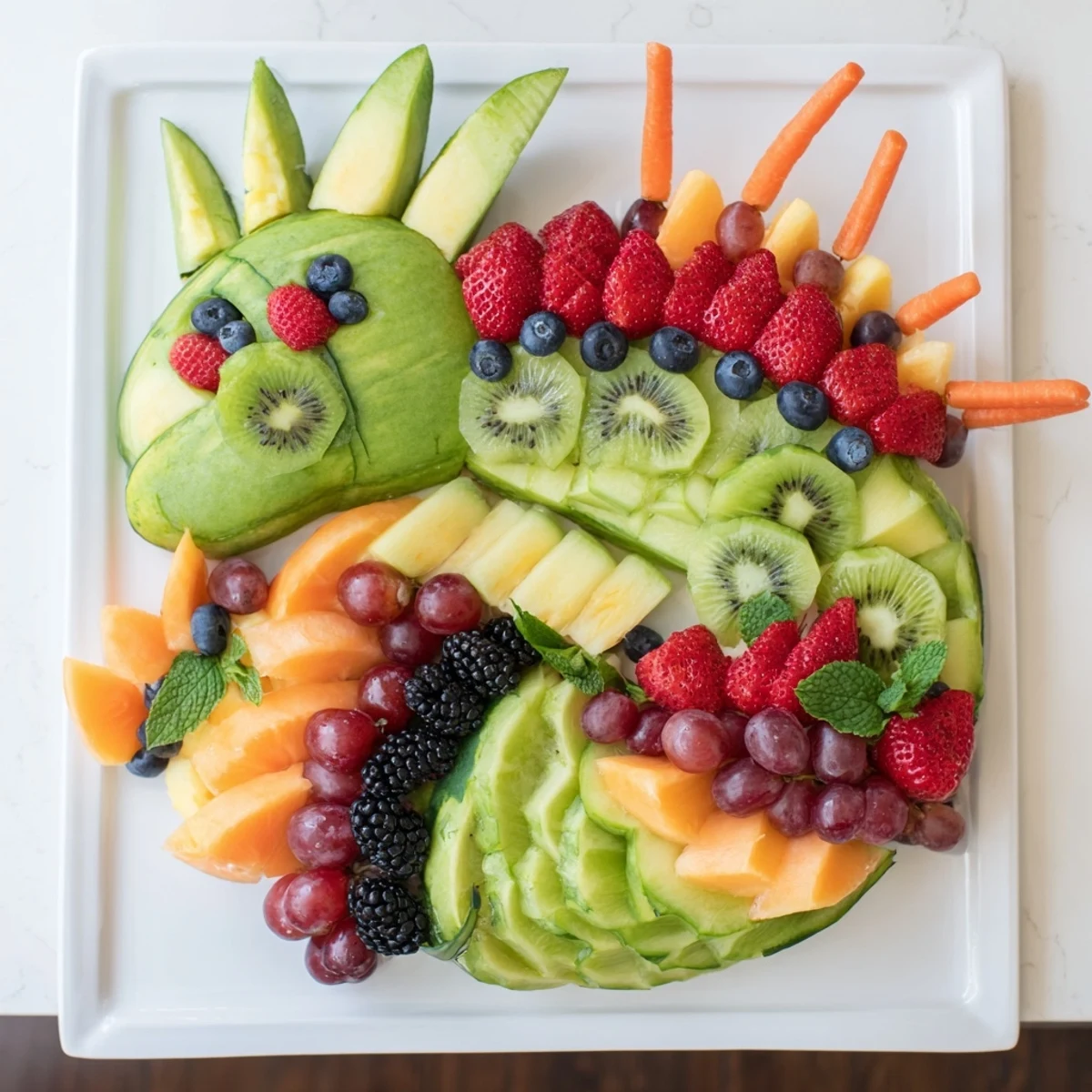 A vibrant, colorful dragon-shaped fruit tray, perfect as a party appetizer.