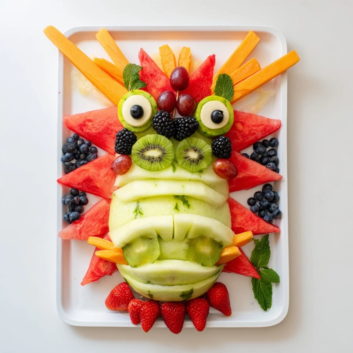 Freshly assembled dragon fruit tray featuring juicy watermelon and colorful grapes.