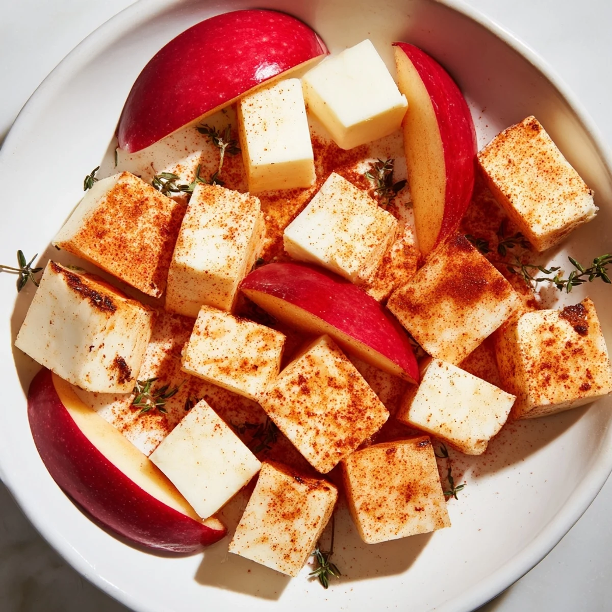 Smoked paprika coats the delicious cheese cubes in this The Autumn Ember appetizer, with apple wedges.