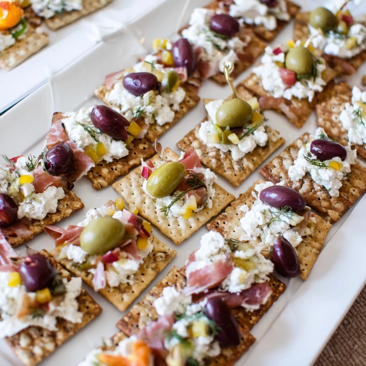 A cobblestone courtyard appetizer with olives and crackers, ready for an easy vegetarian gathering.