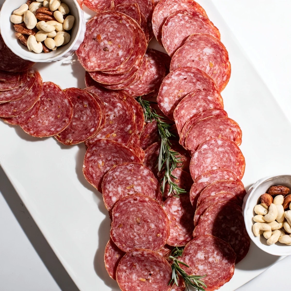 An infinity loop of salami gracefully encircles mixed nuts, a creative appetizer idea.