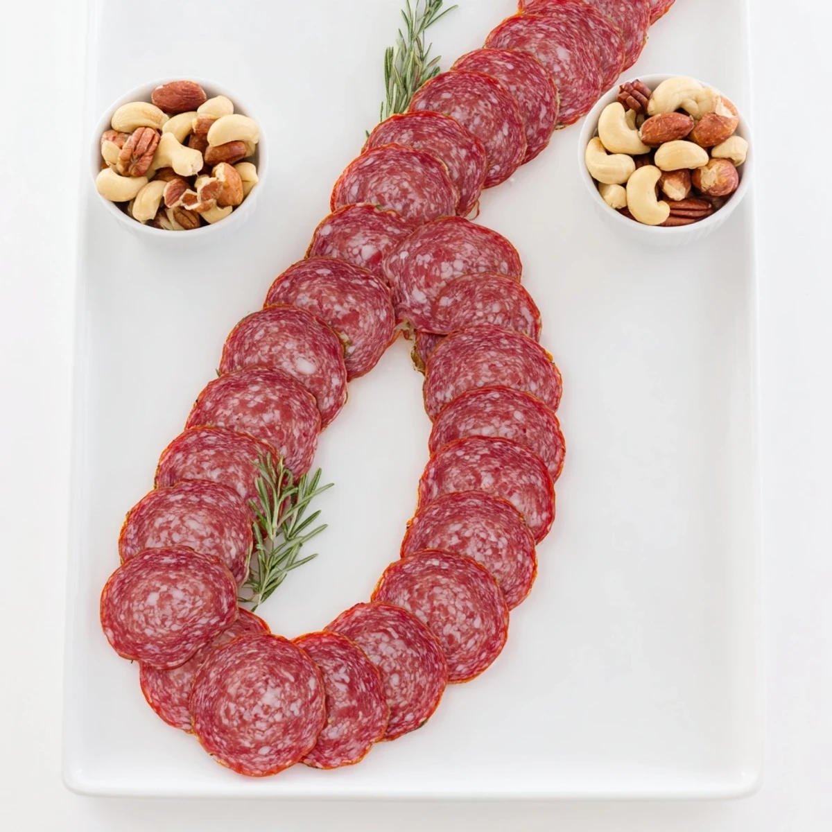 Delightful Infinity Loop appetizer features overlapping salami slices flowing around two nut bowls.