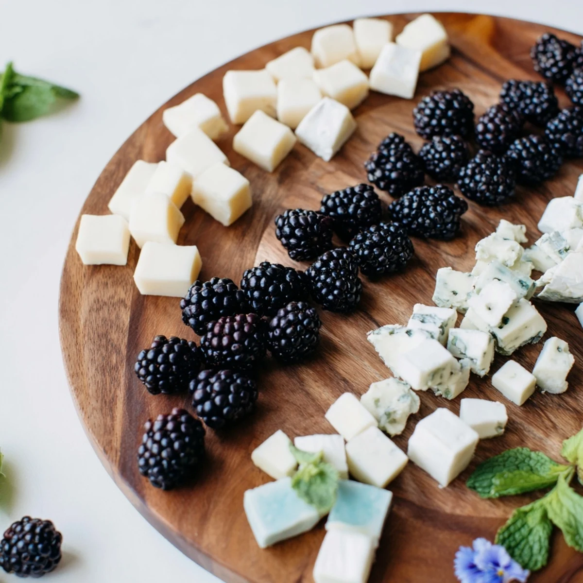 Elegant presentation of the Yin-Yang Balance cheese board showcasing a contrast of flavors and colors.