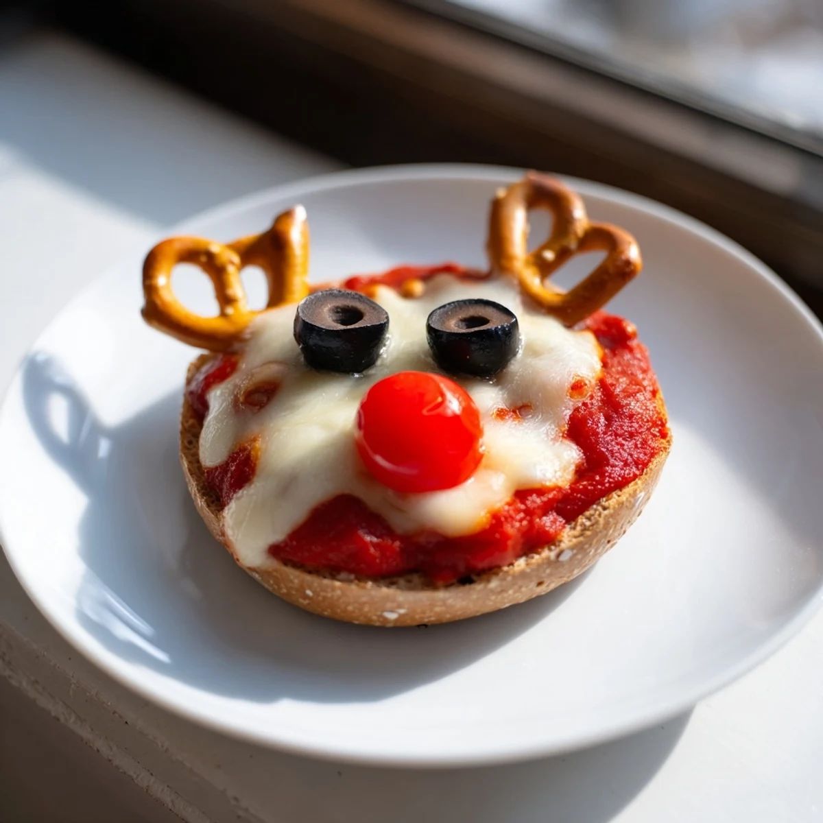 Delicious Reindeer Face Pizza Bagels with melted cheese, olive eyes, and pretzel antlers.