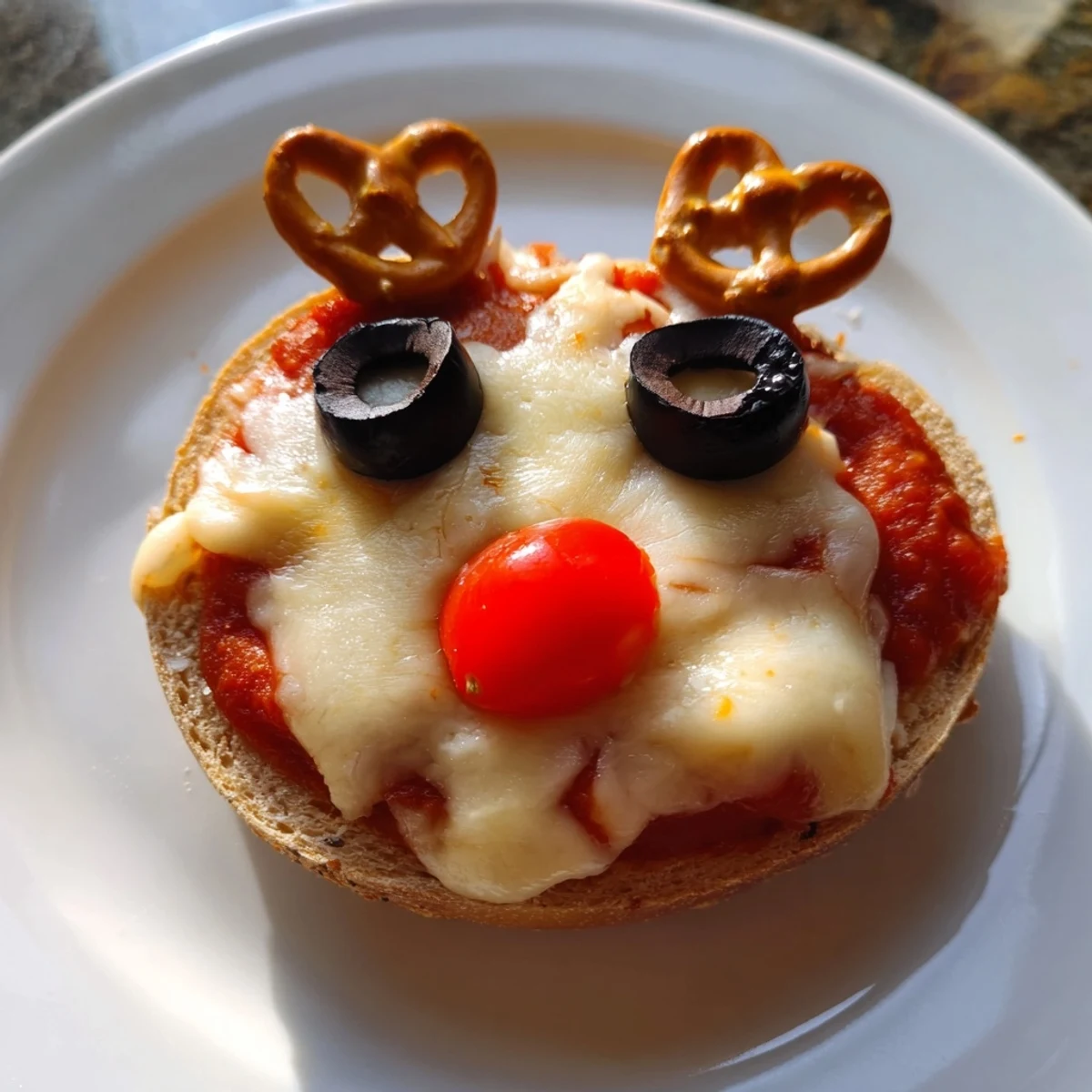 Cheesy Reindeer Face Pizza Bagels, ready to eat, featuring a savory pizza sauce base.