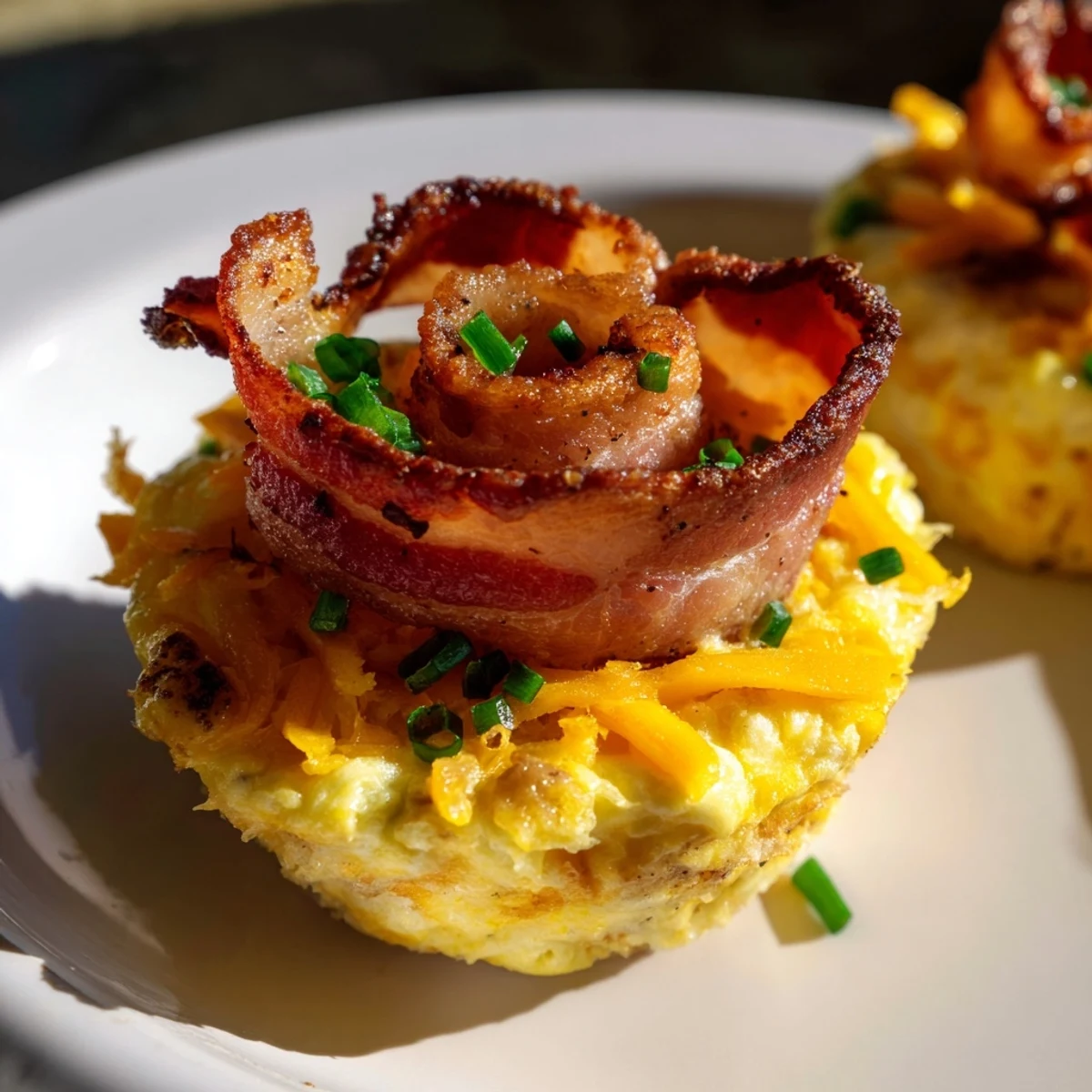 Perfectly baked Scrambled Egg Cups, beautifully garnished with crispy bacon strips and chives.