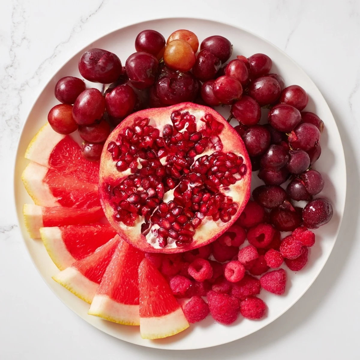 A visually stunning The Pomegranate Pivot fruit platter with bright red and pink layers ready to serve.