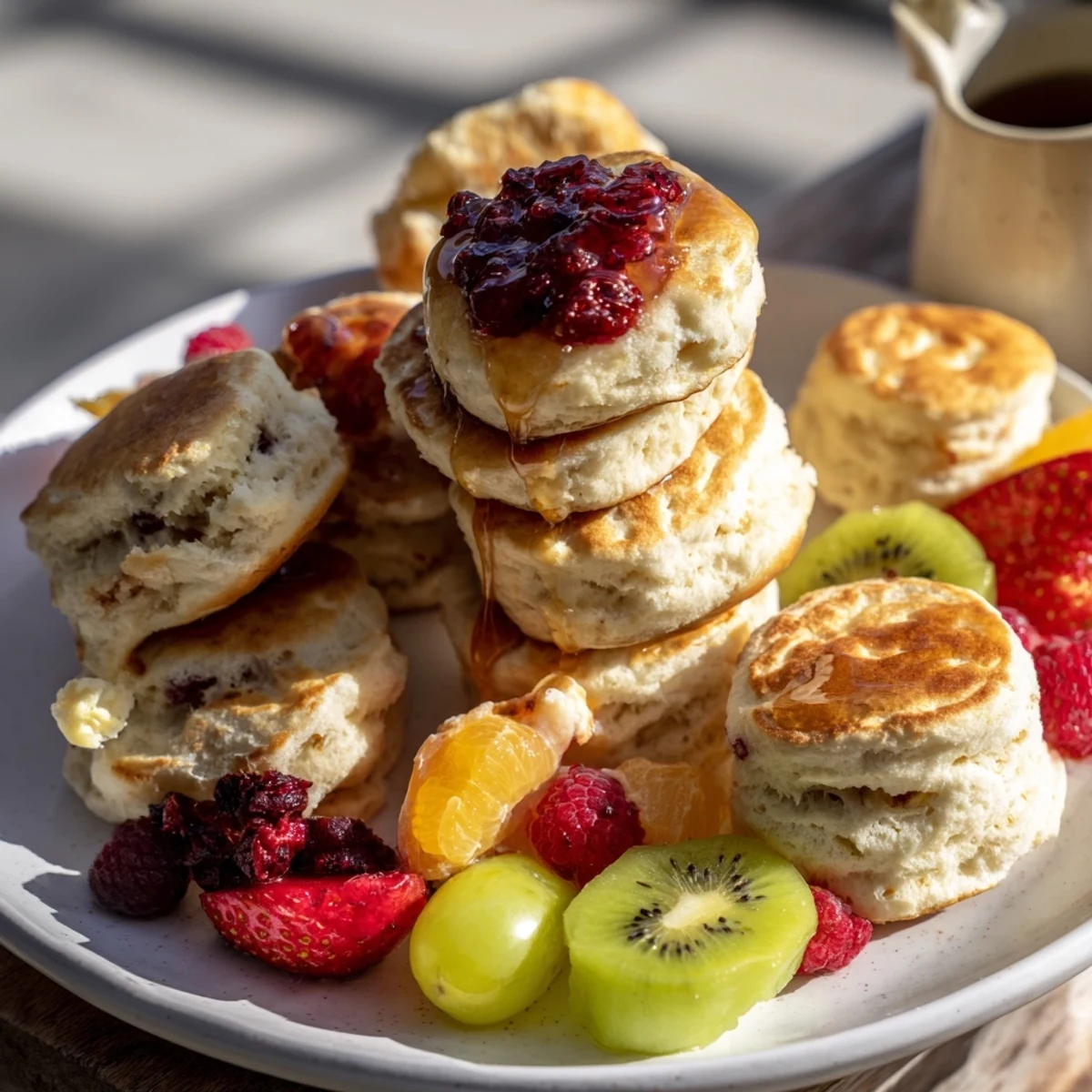 A beautiful Breakfast Brunch Board Bliss showcases mini pancakes, scones, and colorful fruits, drizzled with syrup.