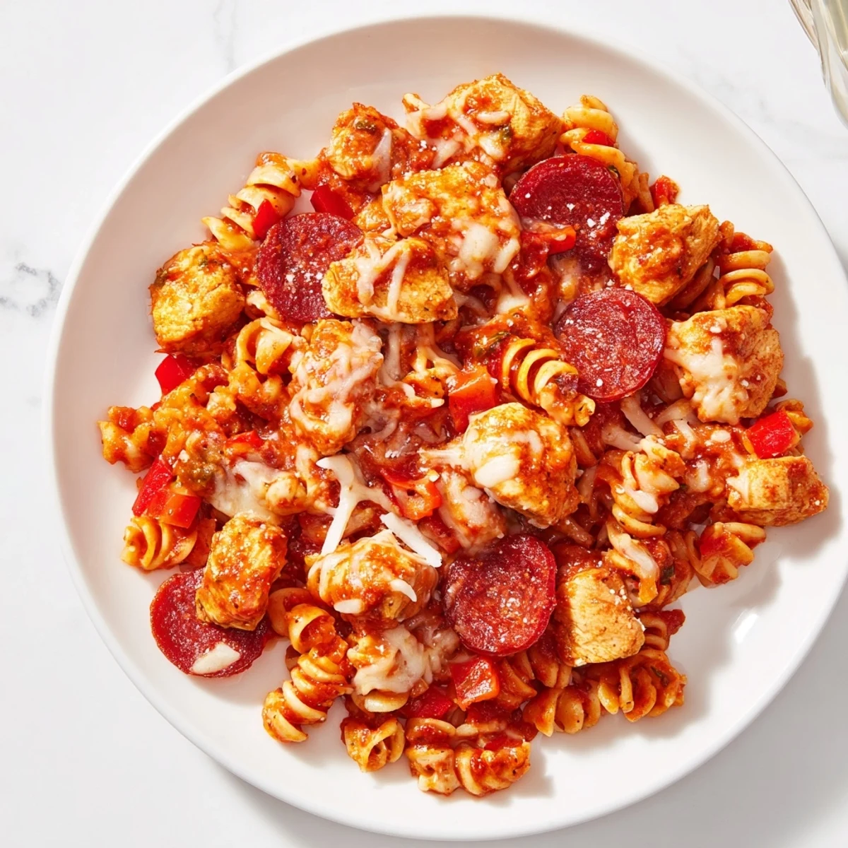 A close-up of One-Pan Pizza Pasta with melted mozzarella and sizzling pepperoni.