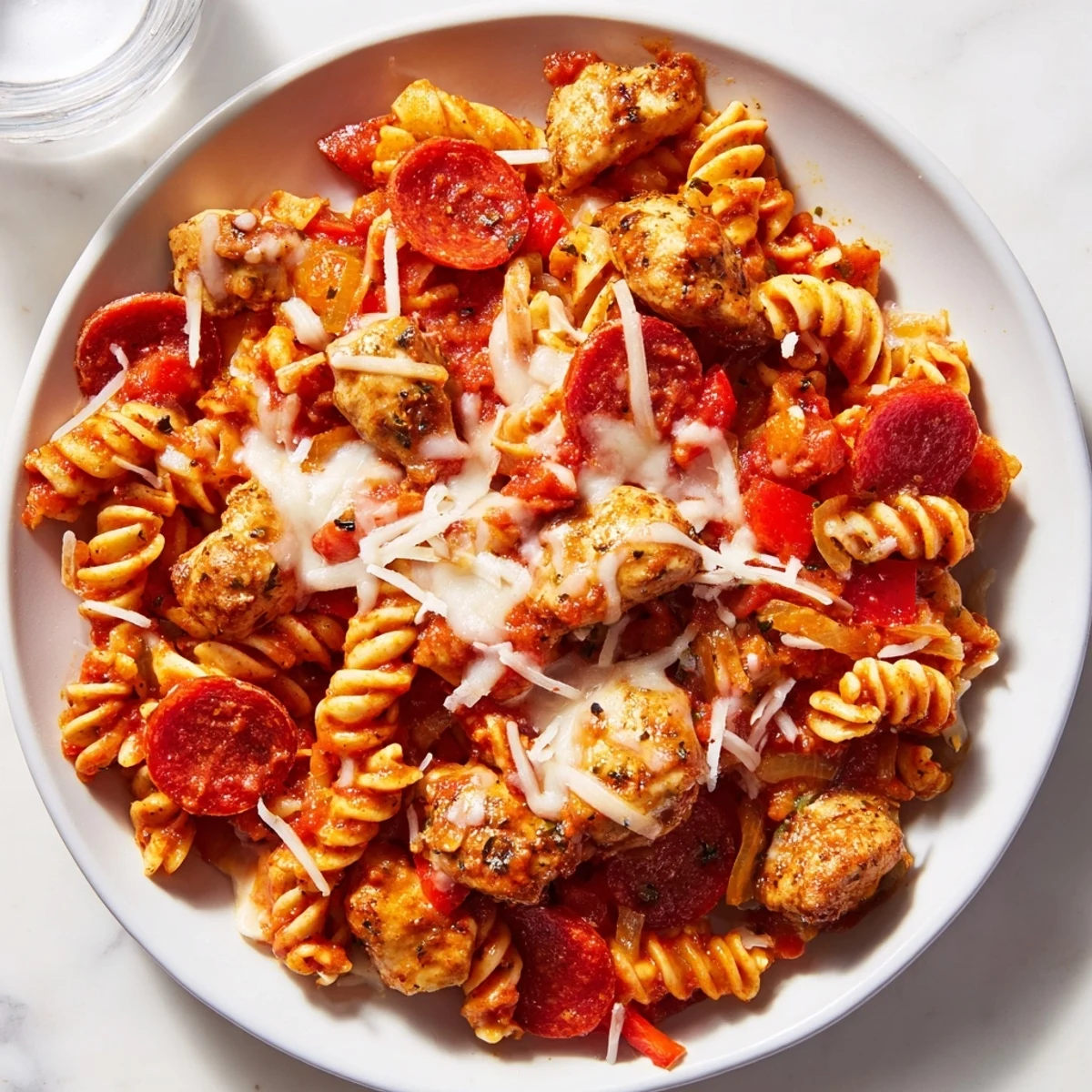 Tender chicken and rotini pasta star in this delightful One-Pan Pizza Pasta dish.