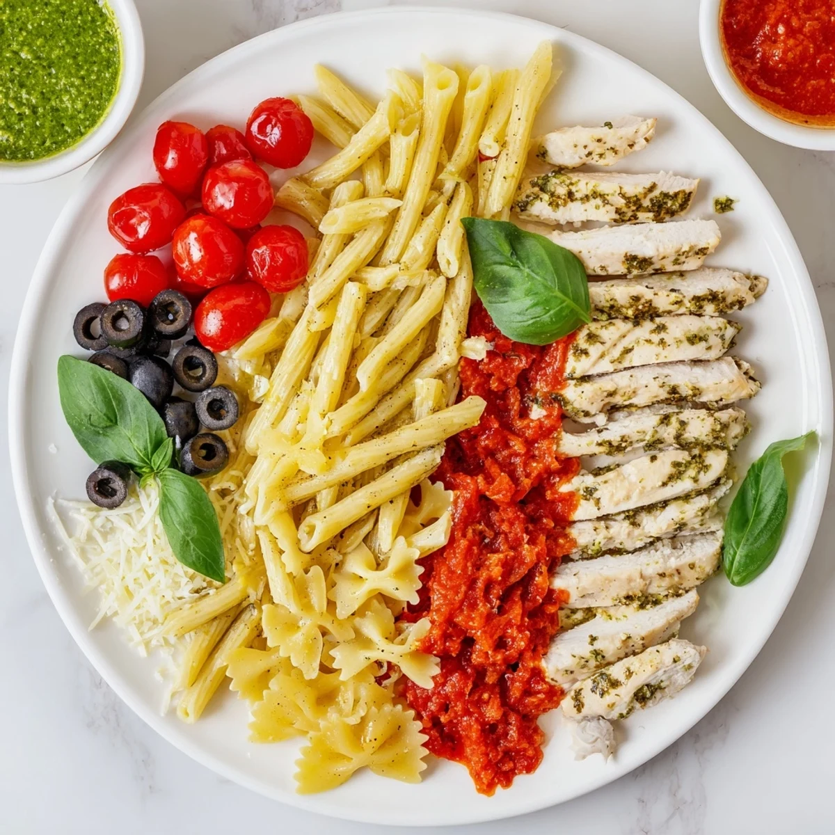 Golden Girl Dinner Pasta Board, a colorful platter showcasing three pasta types with flavorful sauces.
