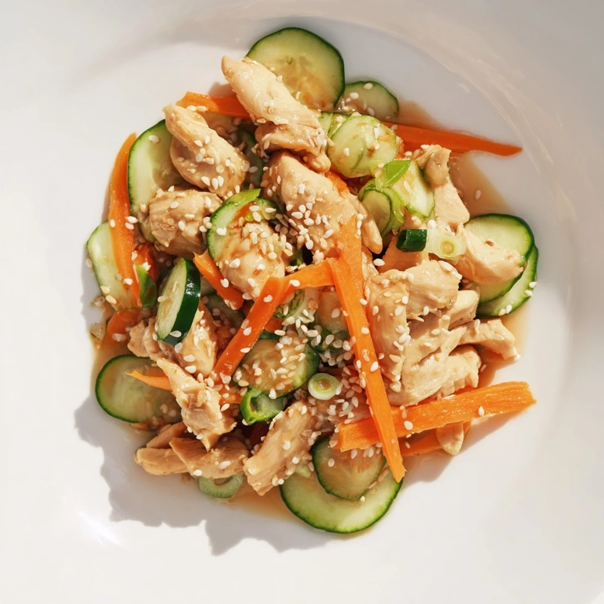 Vibrant photo of easy Deli Container Shaker Chicken Salad with crisp cucumber and sesame seeds, ready to eat.