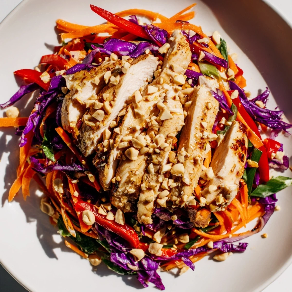 Carrot Ribbon and Chicken Slaw bursting with color: tender chicken, crunchy carrots, and tangy dressing.