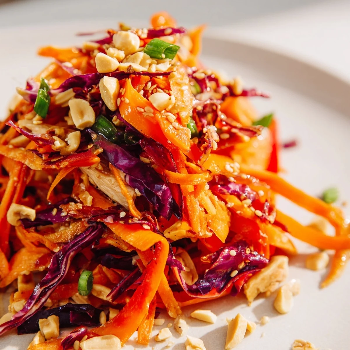 A close-up of Carrot Ribbon and Chicken Slaw, showcasing layers of texture and fresh flavors.