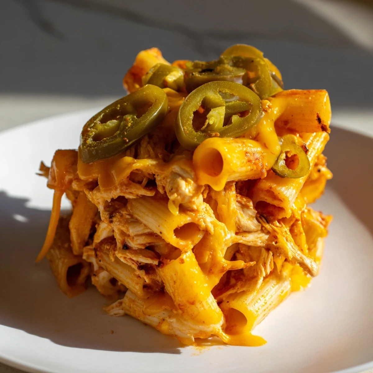 Warm, cheesy Pasta Chip Nachos with spicy jalapeños and seasoned chicken, ready to enjoy.
