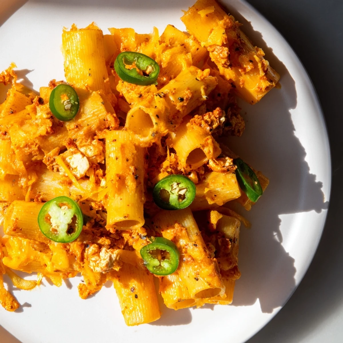 Golden, crispy Pasta Chip Nachos piled high with taco chicken and melted cheddar cheese are delicious.