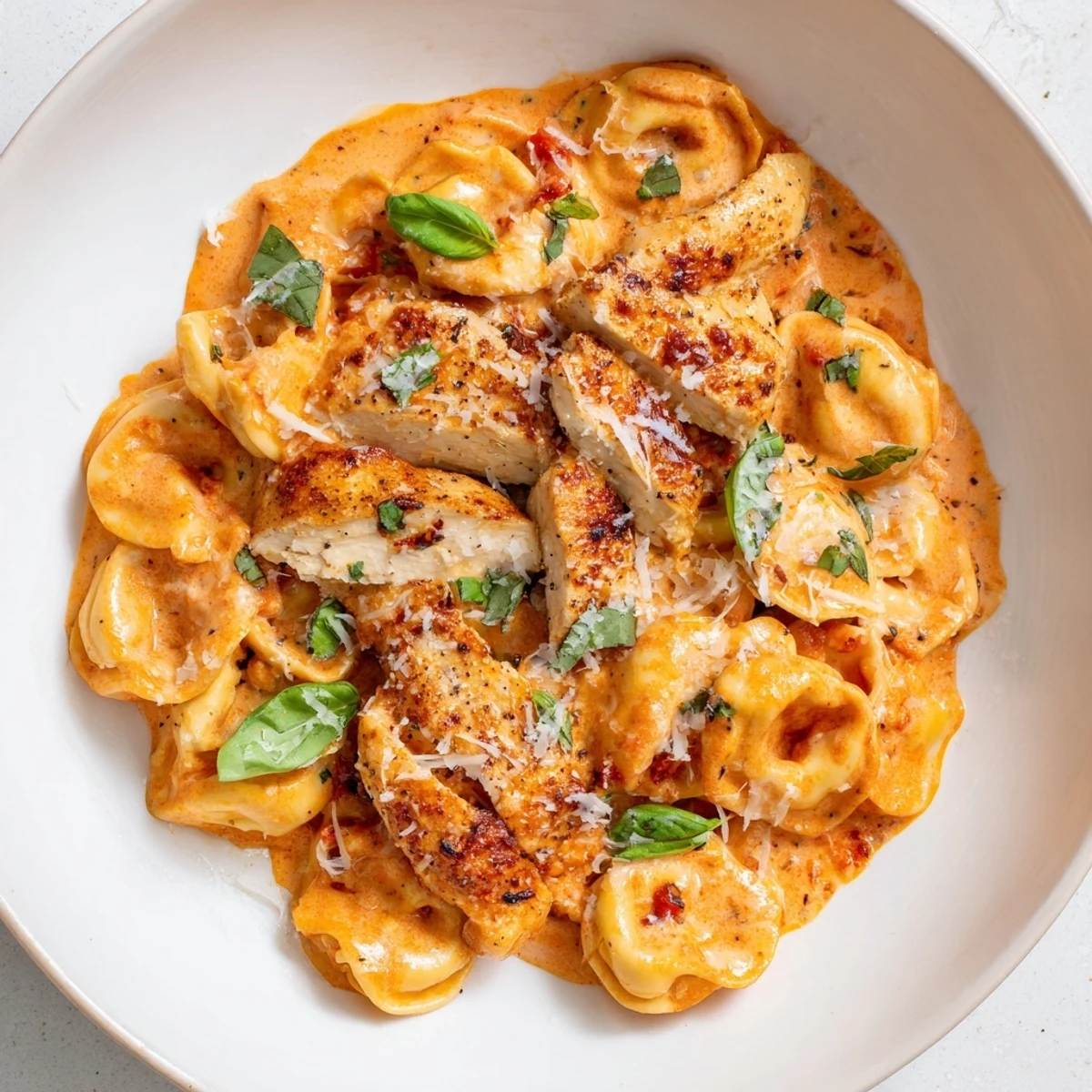 Creamy Marry Me Chicken Tortellini with sun-dried tomatoes and Parmesan, ready to eat.