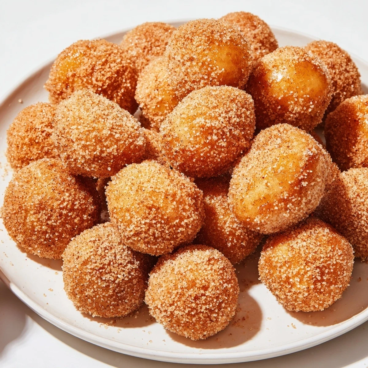 Air Fryer Cinnamon Donuts: golden brown, freshly-made, and coated with sparkling cinnamon sugar, ready to eat.