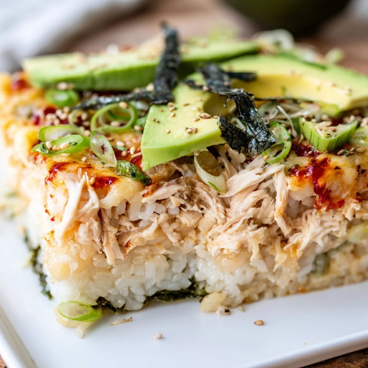 Here are 3 unique ALT image texts for "Chicken Sushi Bake":