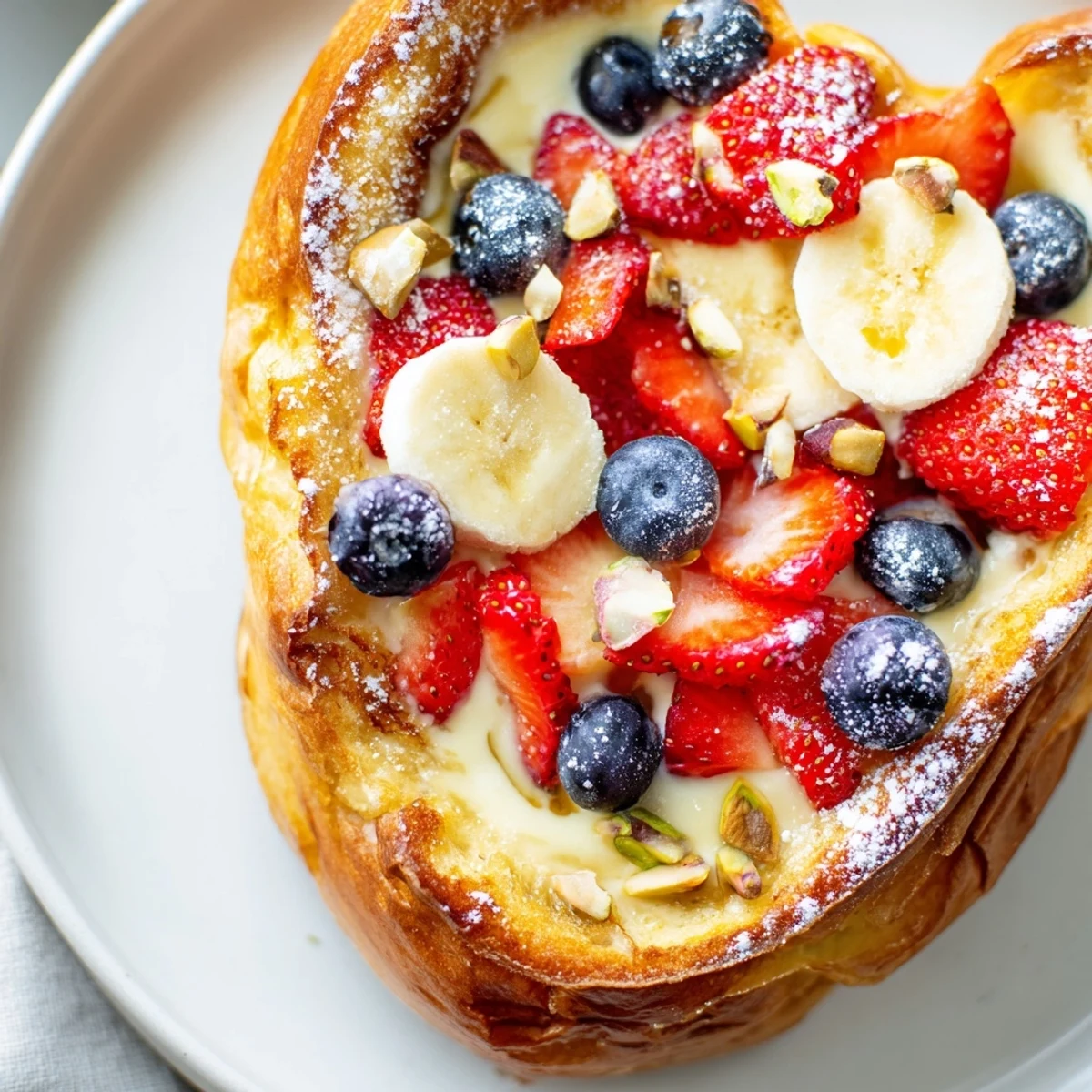 Creamy yogurt custard fills the baked Viral Yogurt Toast, topped with fresh berries, ready to serve.