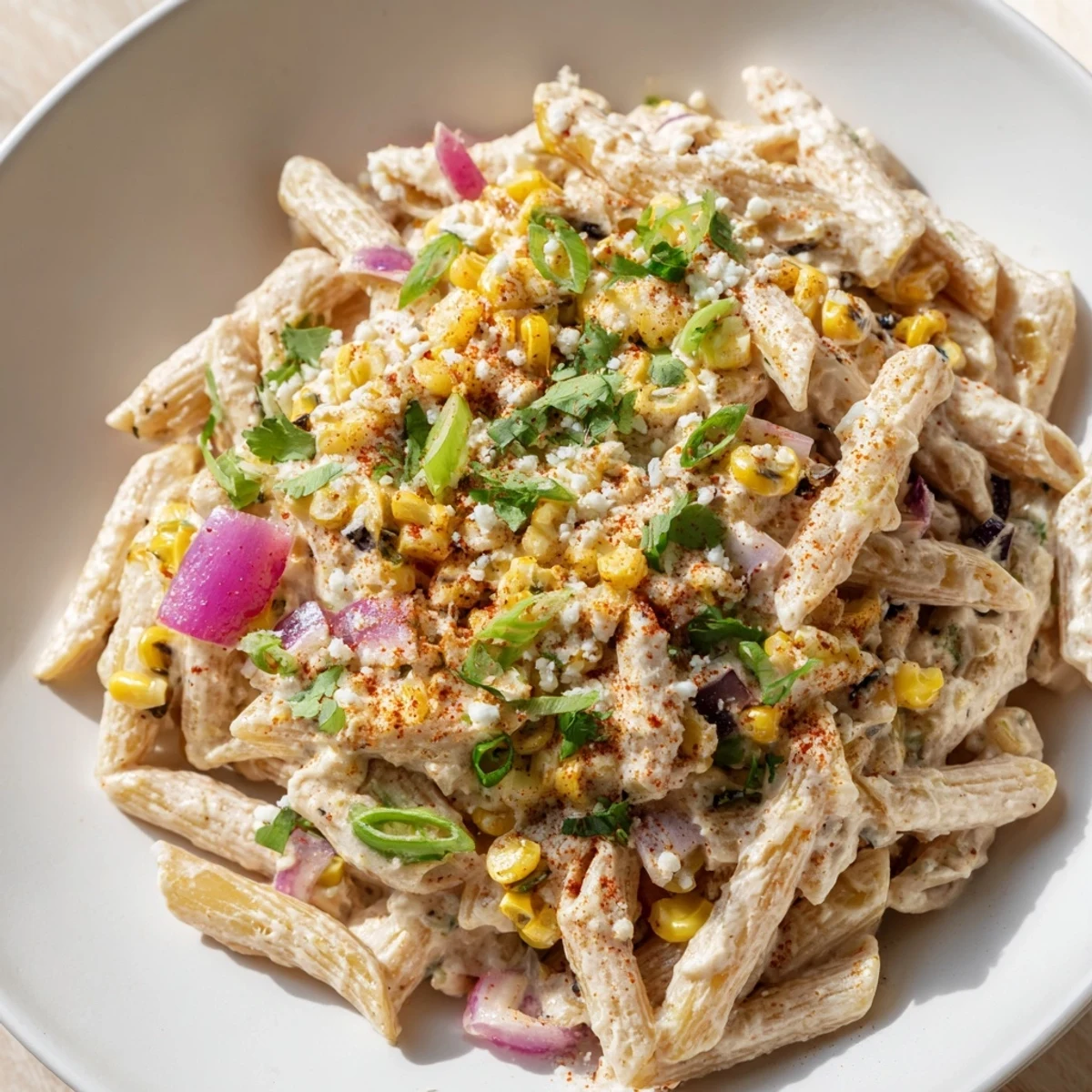 Creamy Mexican street corn pasta salad, bursting with vibrant corn, ready to serve.