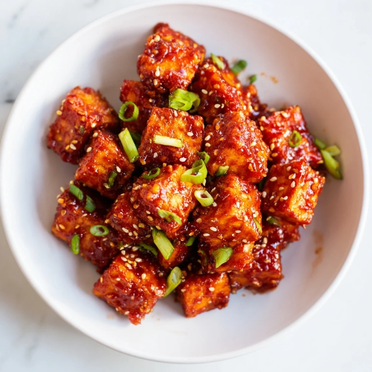 Honey Gochujang Tofu: Crispy tofu glistening in a sweet, spicy glaze, perfect for a flavorful vegetarian meal.