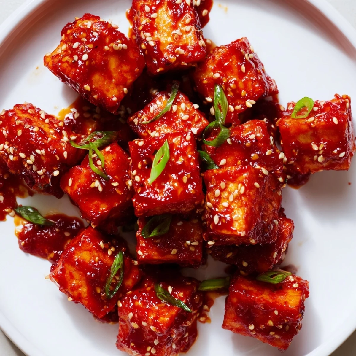 A serving of Honey Gochujang Tofu: Sticky, golden cubes garnished with sesame seeds and green onions.
