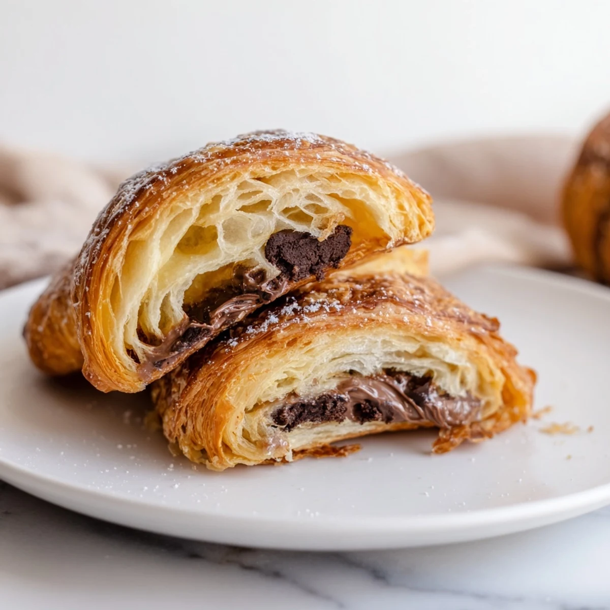 Flaky layers of a cookie croissant, boasting gooey dough and ready for a sweet breakfast.
