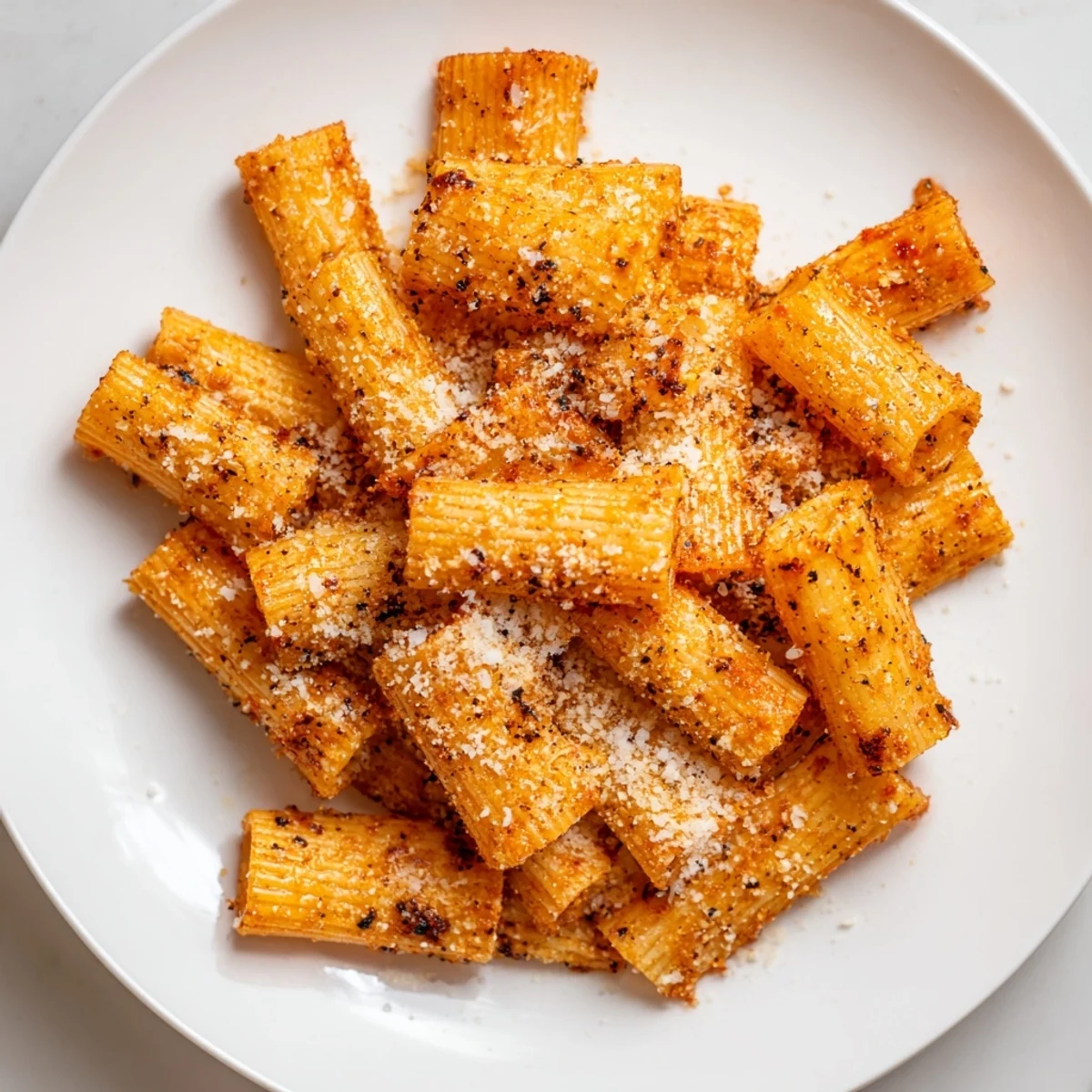Golden, crispy Parmesan pasta chips, perfect for dipping in marinara sauce, a savory snack.