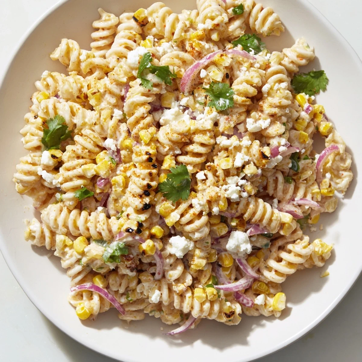 Creamy Street Corn Pasta Salad with charred corn visible, ready for enjoyment.
