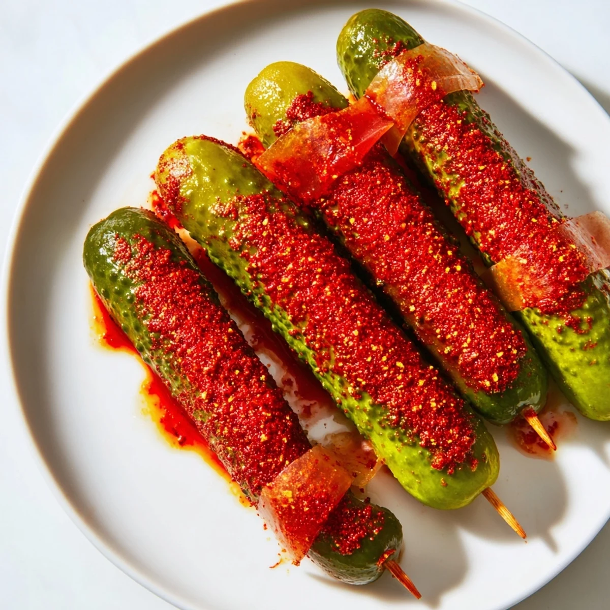 Bright red and tangy Chamoy-Tajín pickle sticks, a perfect spicy-sweet Mexican snack on a stick.