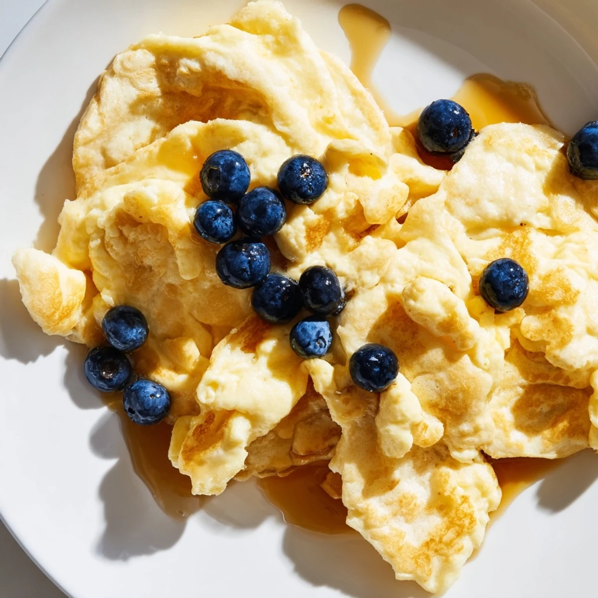 Warm, tender fluffy scrambled pancakes with blueberries, perfect for a cozy American breakfast.