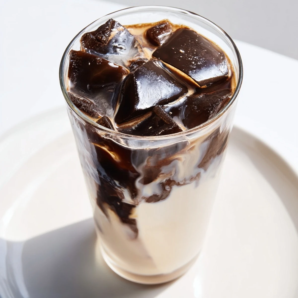 Rich, glossy chocolate cracks atop a chilled Chocolate Cracking Iced Latte, a perfect summer coffee treat.