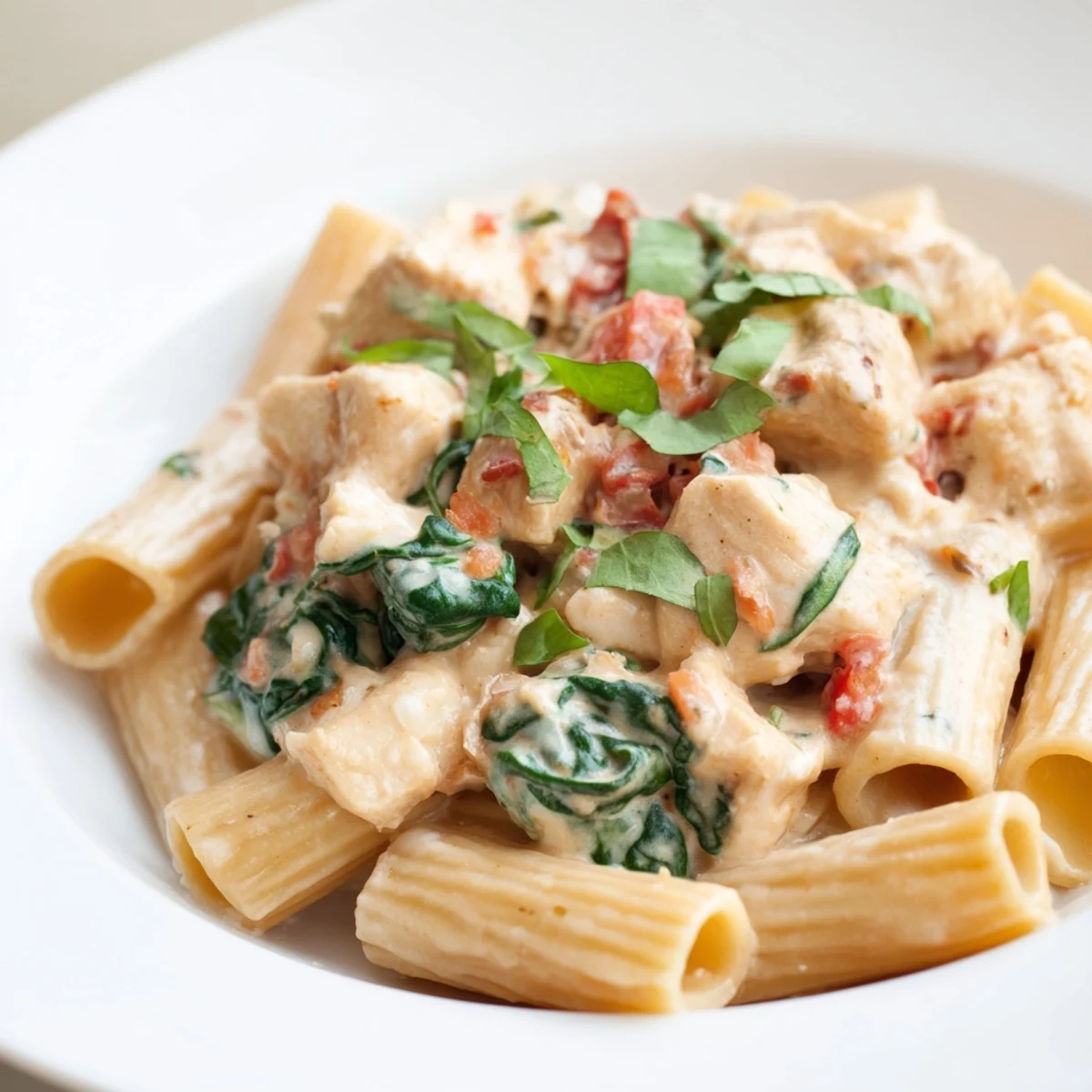 Creamy Budget-Friendly Marry Me Chicken Pasta with wilted spinach, ready to be enjoyed!