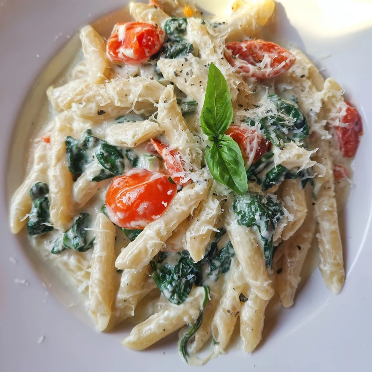 Creamy Cottage Cheese High-Protein Pasta with fresh basil and tomatoes in a comforting bowl.