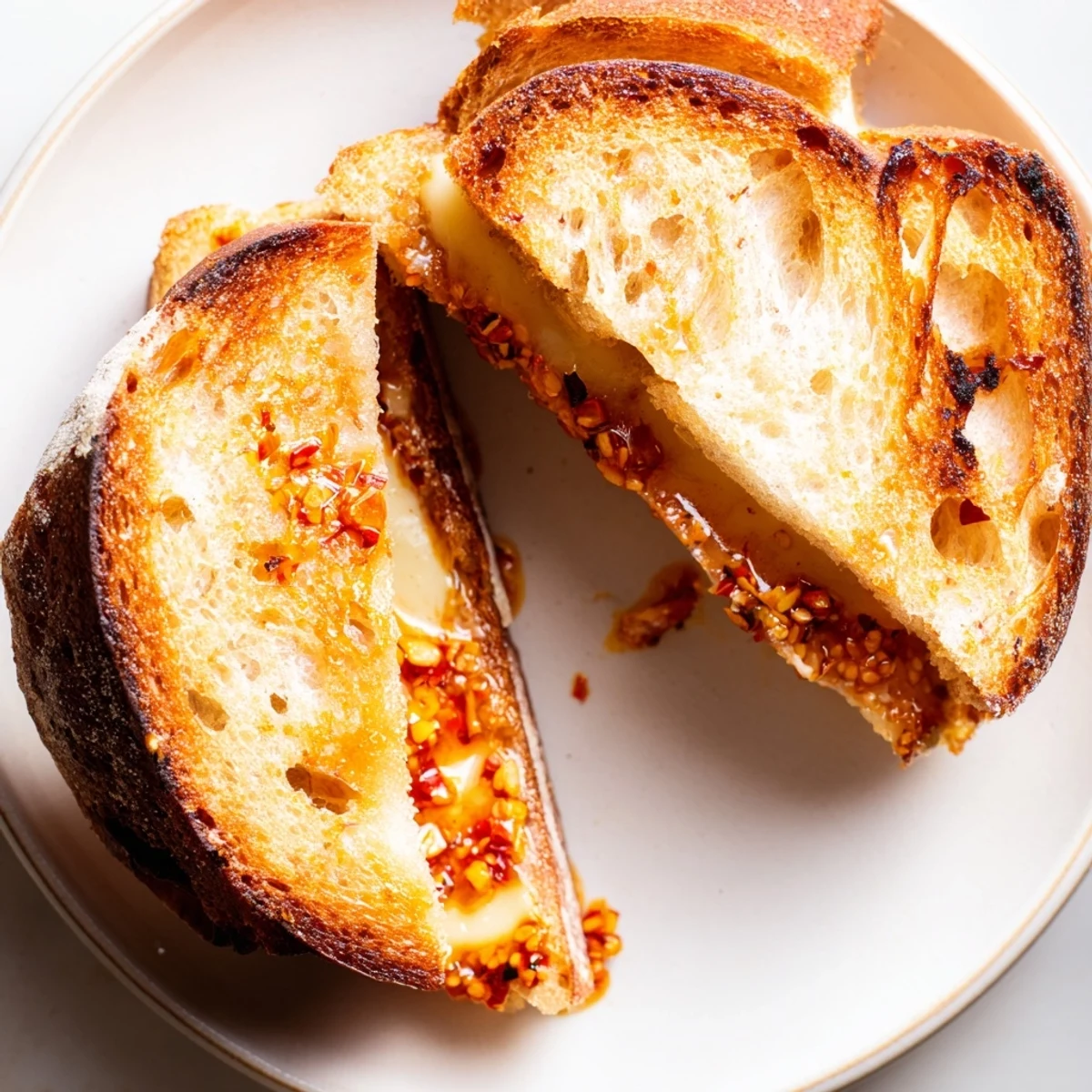 Golden-brown Brie and Chili Crisp Grilled Cheese, a melty, cheesy delight oozing with spicy chili.