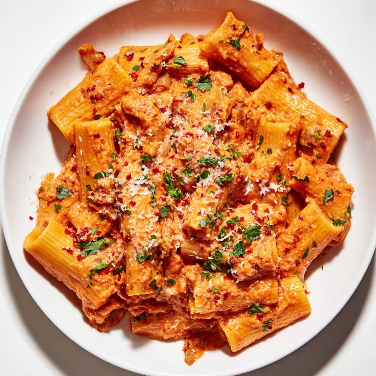 Creamy Gigi Hadid-Style Spicy Rigatoni is pictured, pasta coated in a rich, vibrant vodka sauce.