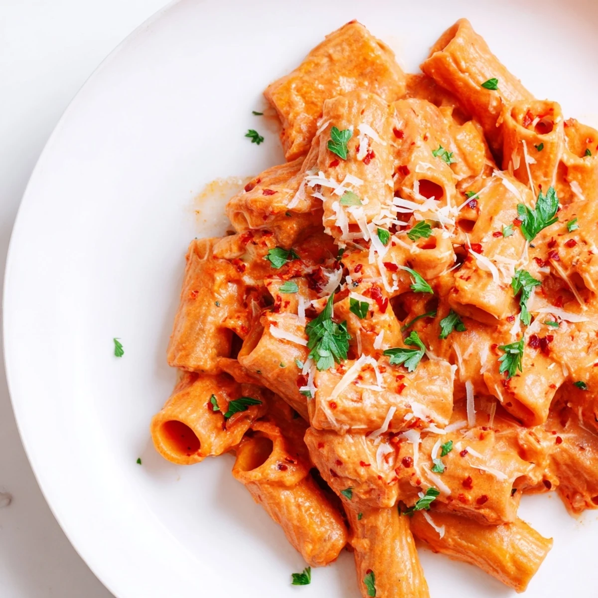 A close-up of Gigi Hadid-Style Spicy Rigatoni shows the perfectly cooked pasta with fresh parsley garnish.