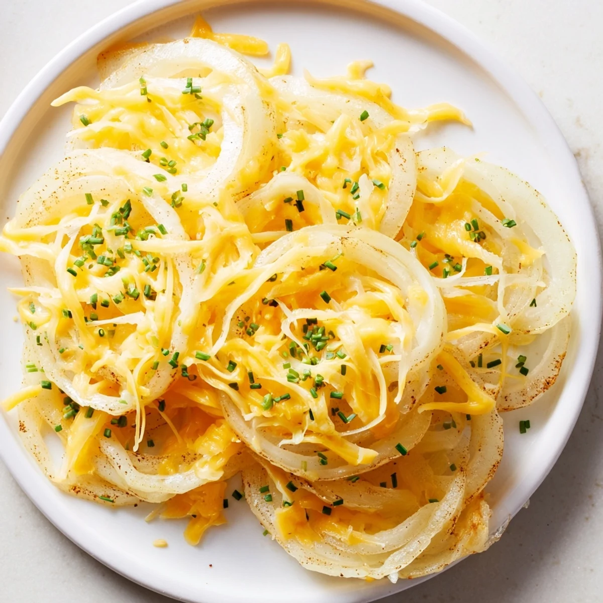 Knusprige Zwiebel-Käse-Chips, goldbraun und knusprig, serviert auf einem weißen Teller, appetitlich.