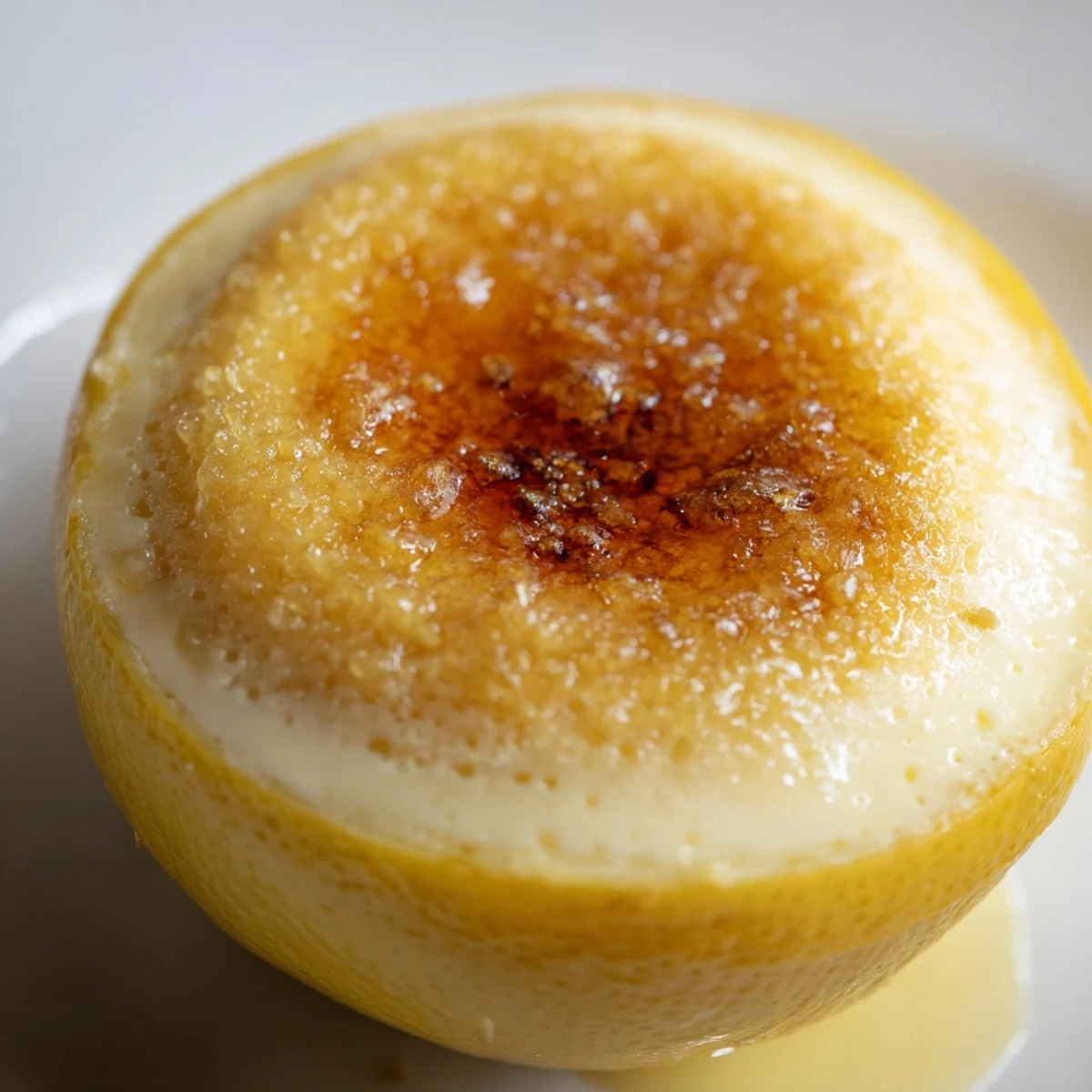 Creamy Lemon Brûlée Posset dessert, with a crisp sugar top, served in halved lemon shells.