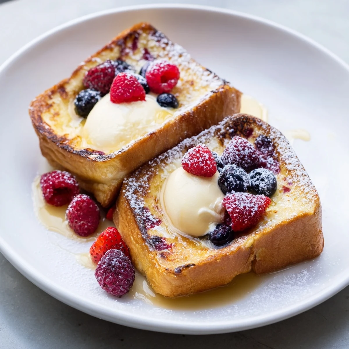 Ice cream French toast glistening golden brown, drizzled with sweet maple syrup, perfect breakfast treat.