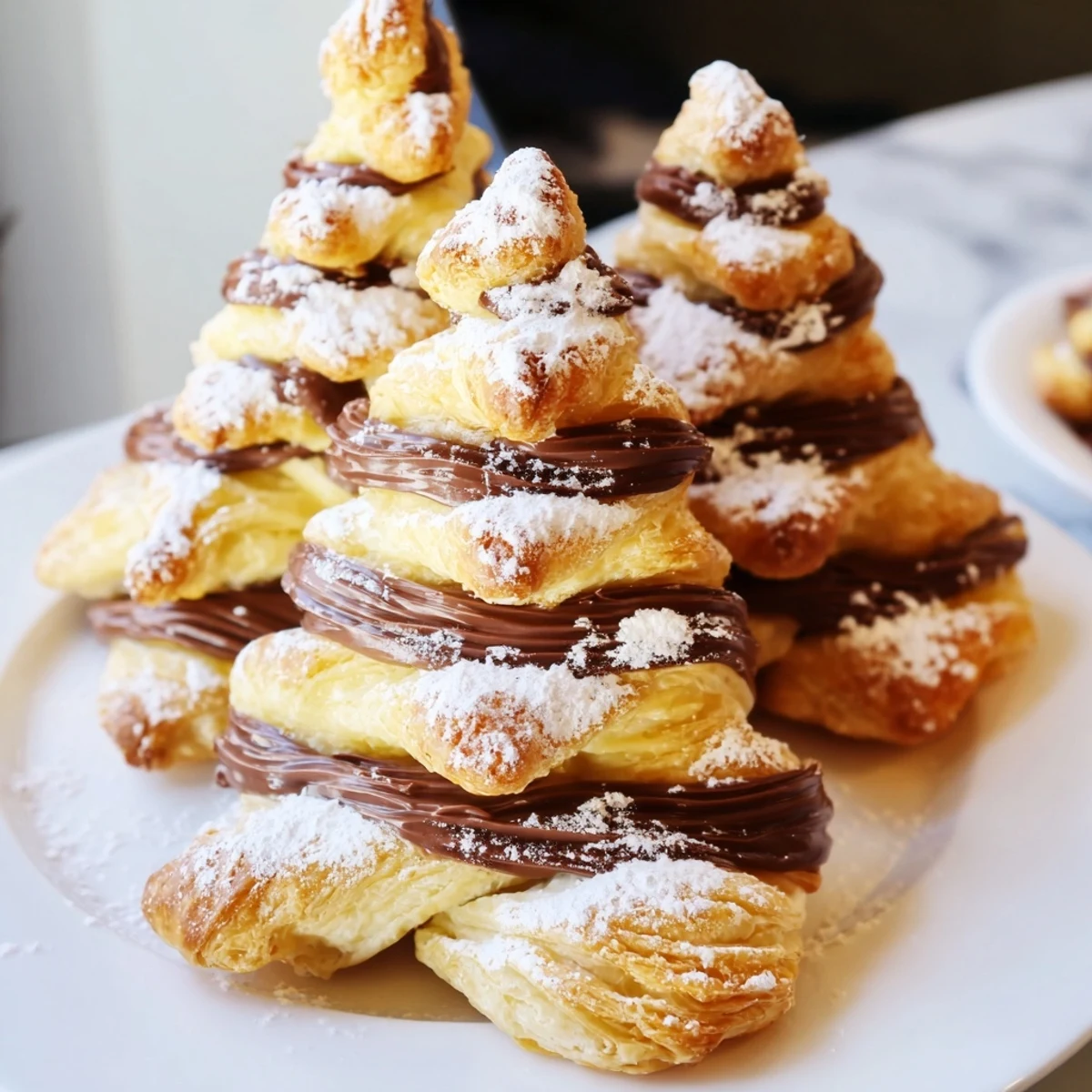 Golden, flaky Nutella Pastry Christmas Trees, freshly baked, perfect for a cozy holiday dessert.