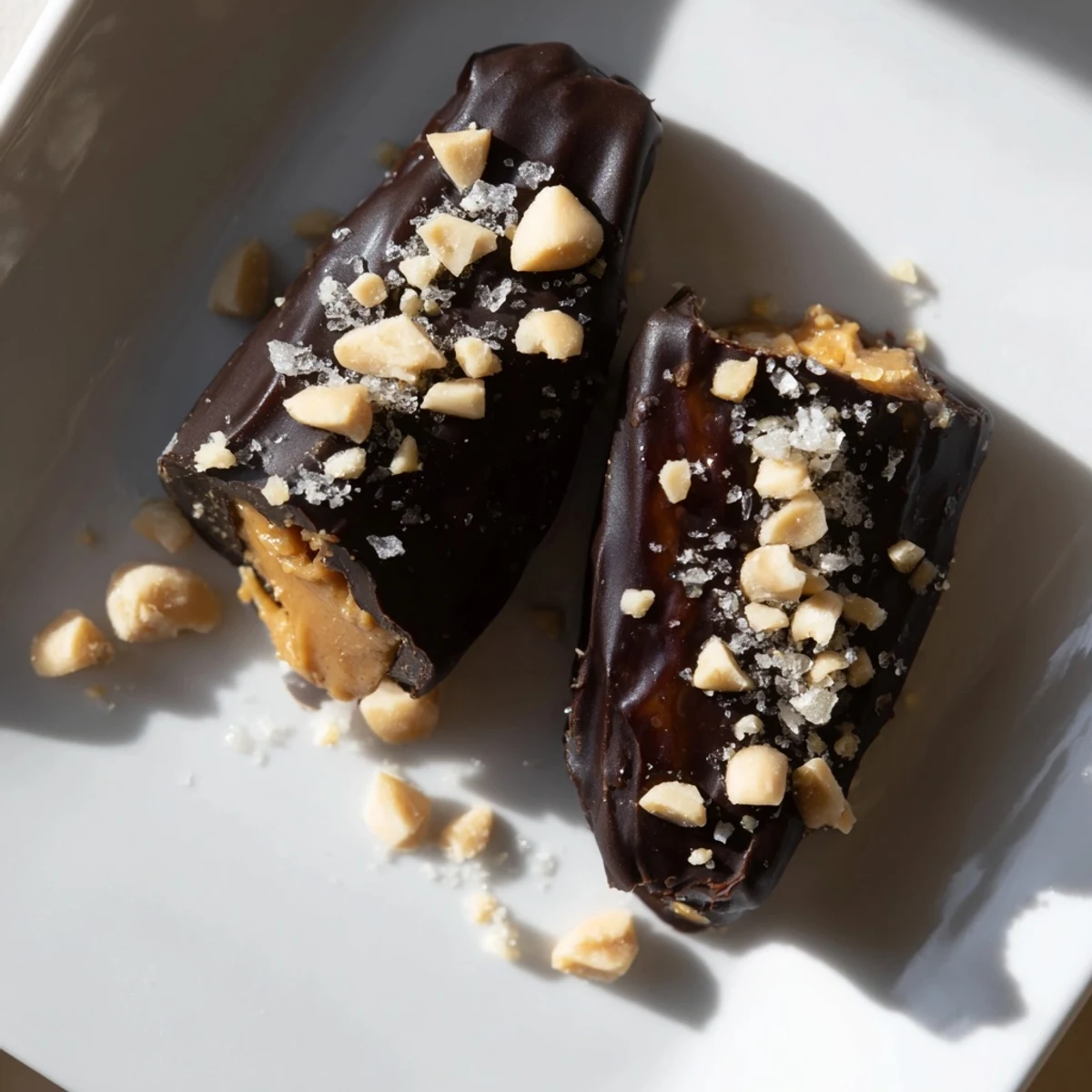 A close-up of the easy Date Bark Snickers-Style, showcasing the creamy peanut butter and dark chocolate.